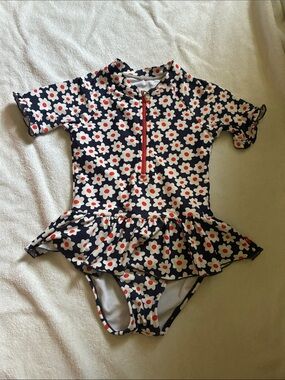 Navy Floral Ruffle One-Piece Swimsuit with Front Zip